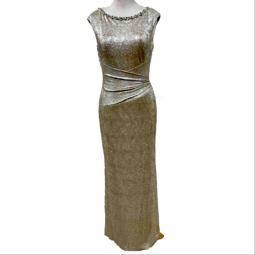 Ralph Lauren. SILVER - BEIGE EVENING DRESS with JEWELED NECKLINE. NWOT.
